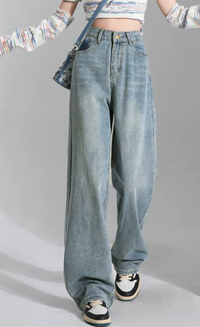 「兩色」「秋季新品 」 XS-2XL 高腰寬褲管刷舊牛仔褲