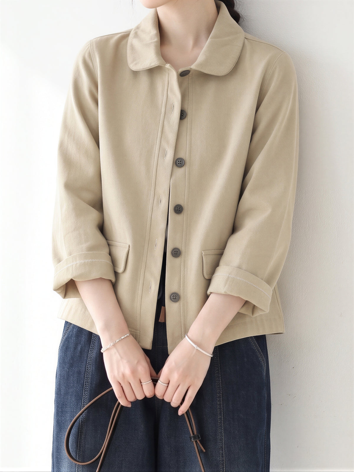 「兩色」「秋季新品 」M-2XL 翻領單排扣寬鬆外套