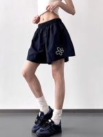 鬆緊高腰花朵印花寬褲短褲-藏青色-2XL