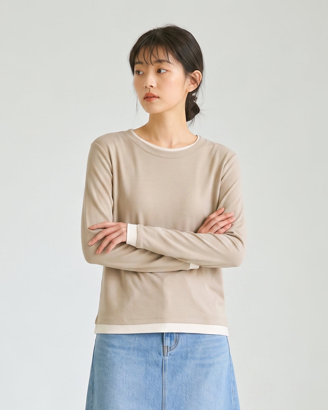 「秋季新品 」M-L 柔軟舒適 圓領疊穿感修身打底假兩件T恤