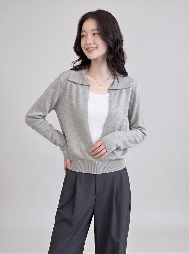 「兩色」S-XL 翻領深V拼接 | 收腰假兩件針織衫