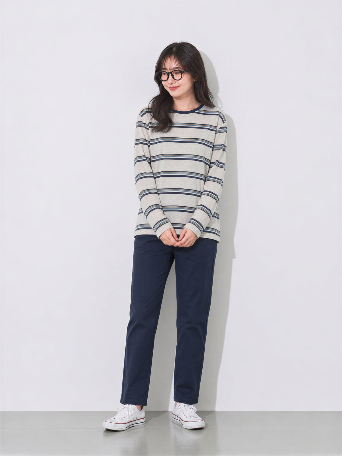 S-XL 灰米色條紋圓領寬鬆長袖T恤