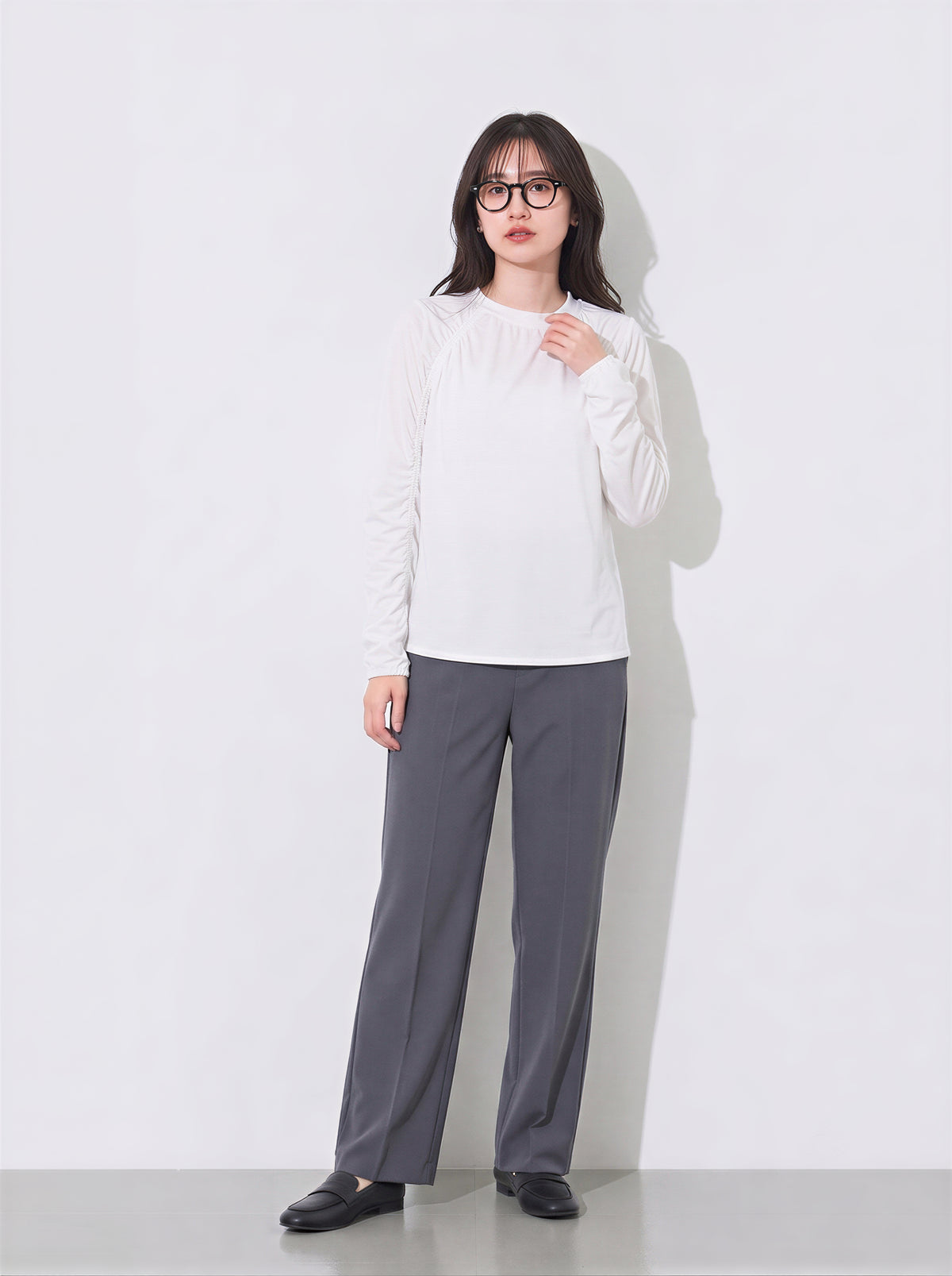 「秋季新品 」「兩色」S-XL 抽皺拼線寬鬆長袖T恤