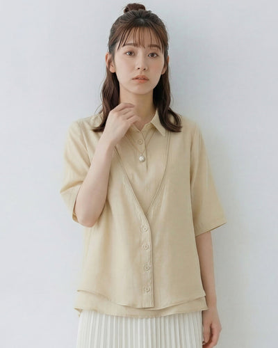 V領拼接線條層次假兩件襯衫-淺黃色-2XL
