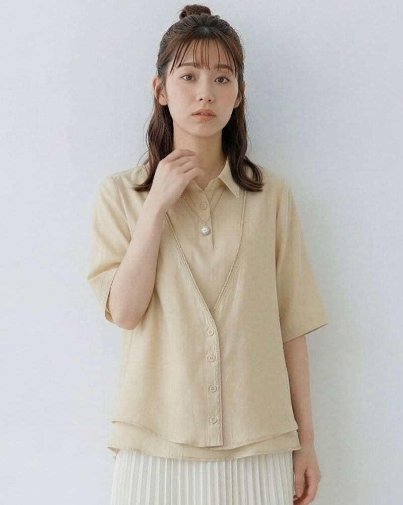 V領拼接線條層次假兩件襯衫-淺黃色-2XL