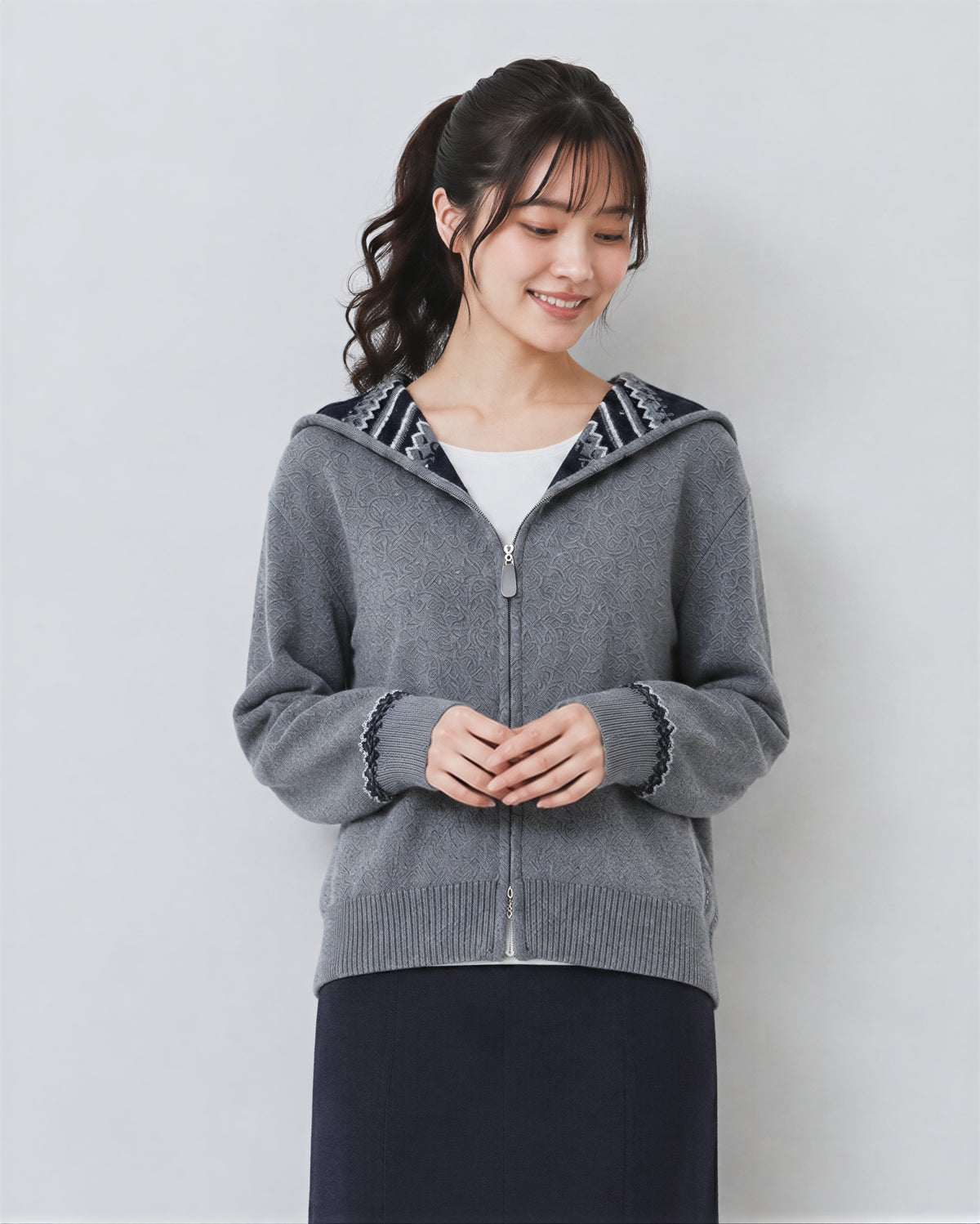 連帽提花雙拉鍊開襟毛衣-灰色-2XL