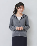 連帽提花雙拉鍊開襟毛衣-灰色-2XL