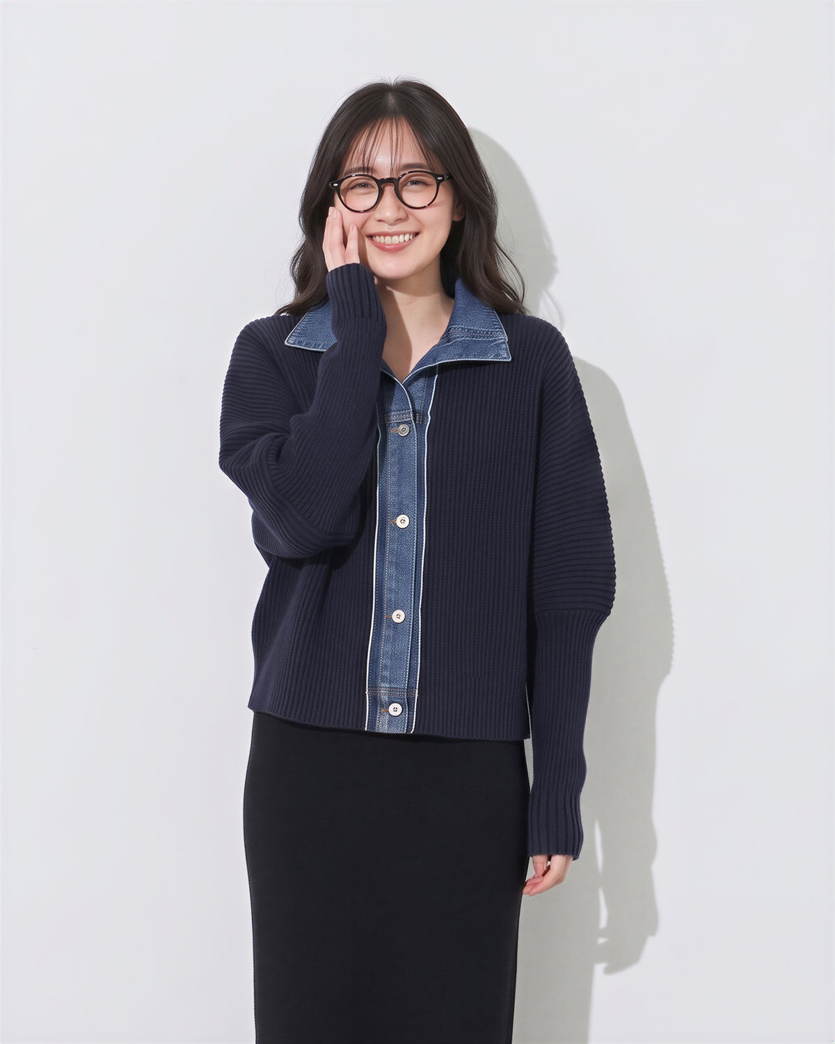 「秋季新品 」 S-2XL 牛仔拼接立領假兩件針織外套