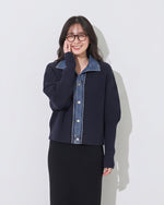 「秋季新品 」 S-2XL 牛仔拼接立領假兩件針織外套