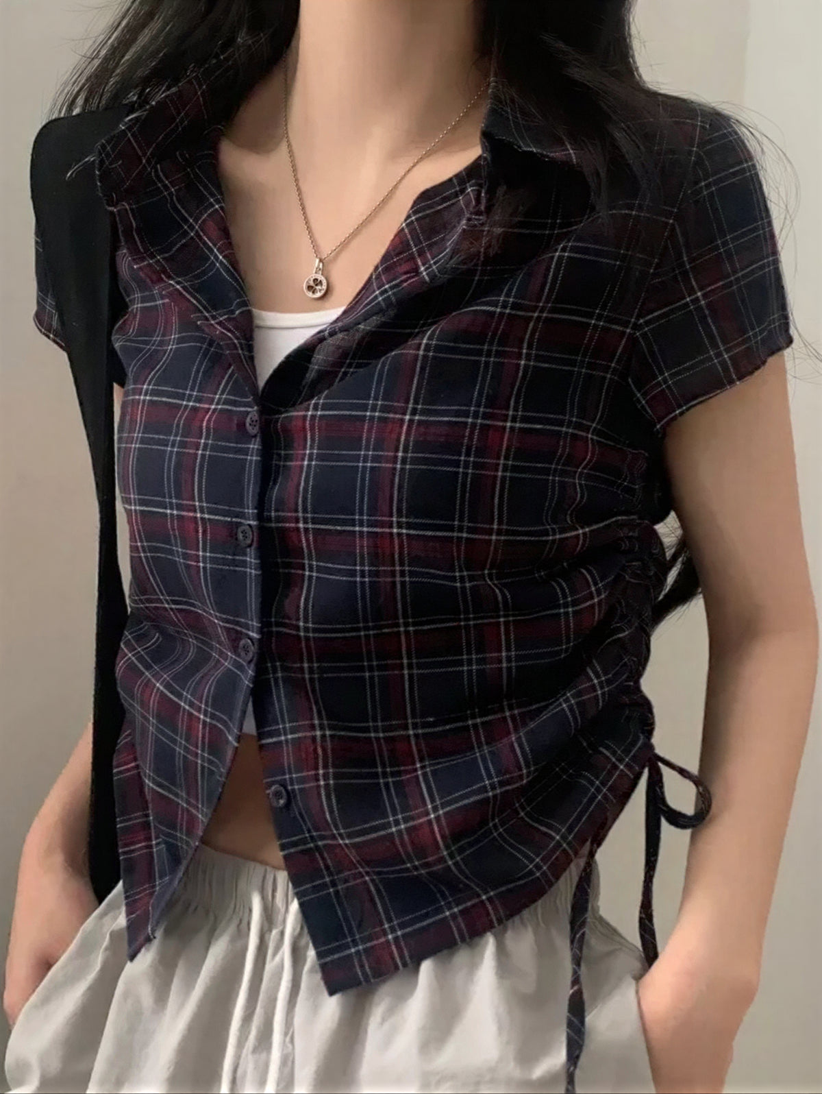 格紋收腰短袖襯衫（藍/白）