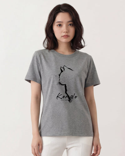 灰色寬鬆落肩 動物線描印花短袖T恤-灰色-3XL