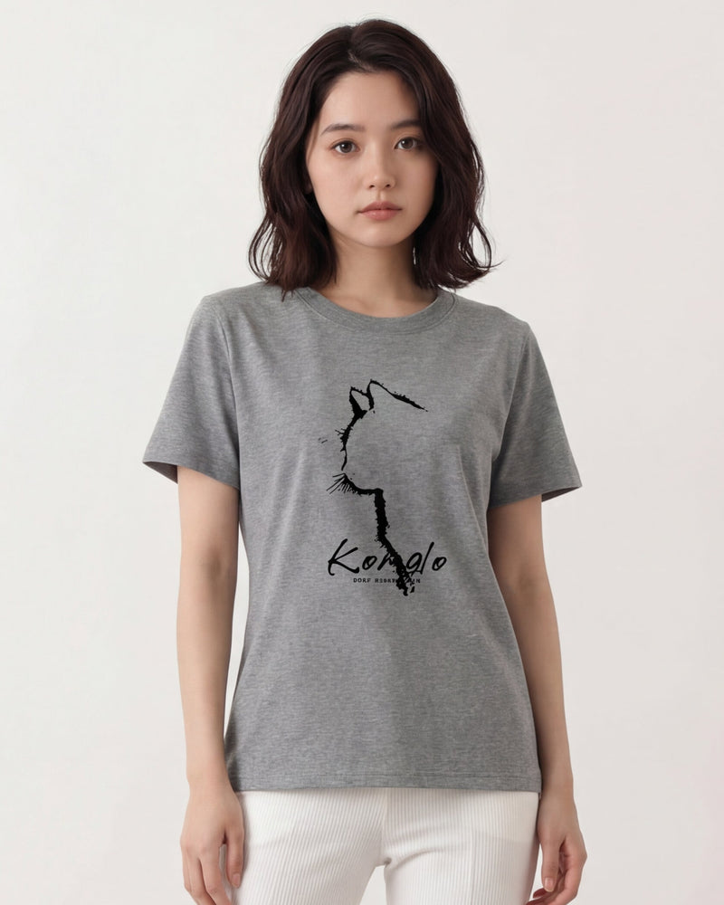 灰色寬鬆落肩 動物線描印花短袖T恤-灰色-3XL