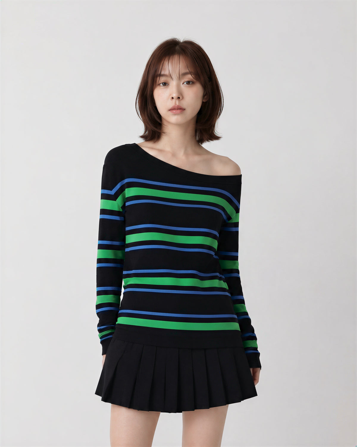 S-XL 露肩條紋修身長袖T恤
