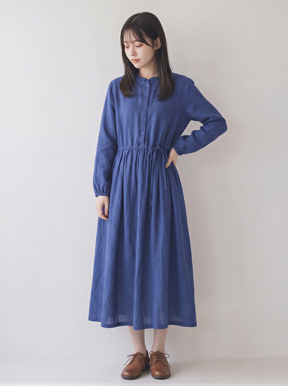 「秋季新品 」M-2XL木耳邊立領收腰棉麻洋裝
