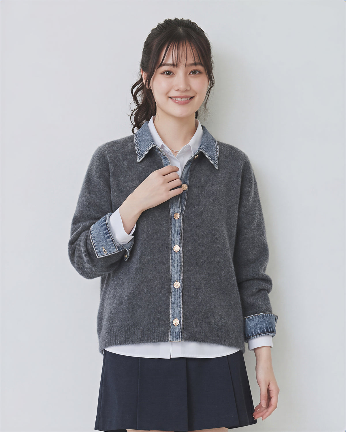「3色」「秋季新品 」M-XL 拼接翻領短版針織開襟衫