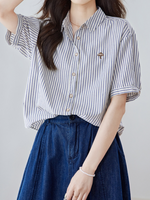 純棉甄選 藍條紋襯衫女五分袖 | 細條紋寬鬆翻領襯衫
