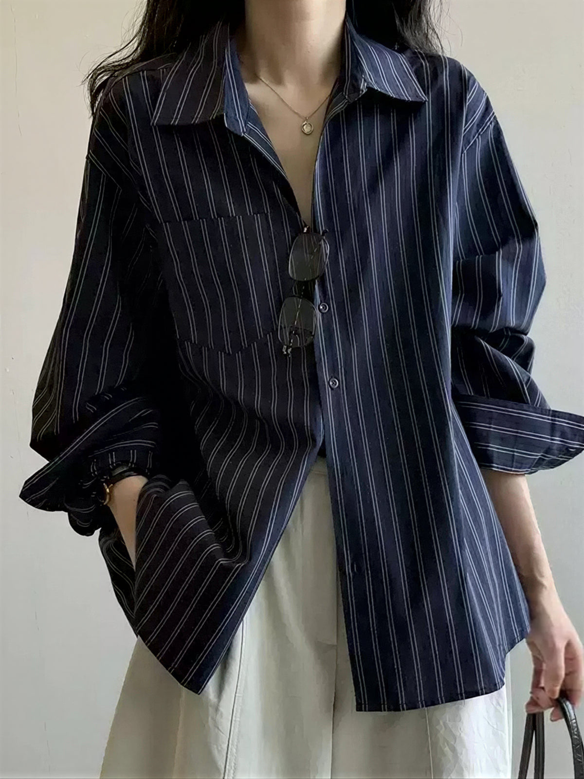 「兩色」「秋季新品 」S-XL 寬鬆條紋拼接口袋襯衫
