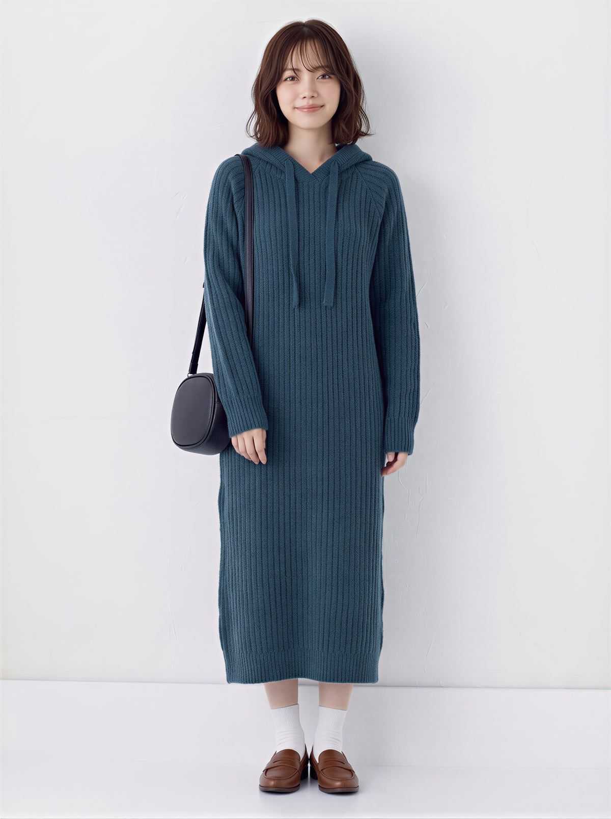 「秋季新品 」「兩色」連帽坑條寬鬆針織洋裝