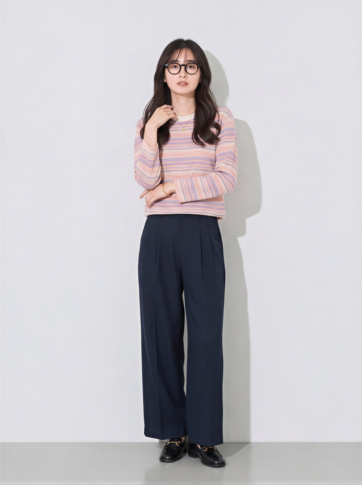「秋季新品 」S-XL 淺粉色細條紋圓領長袖T恤