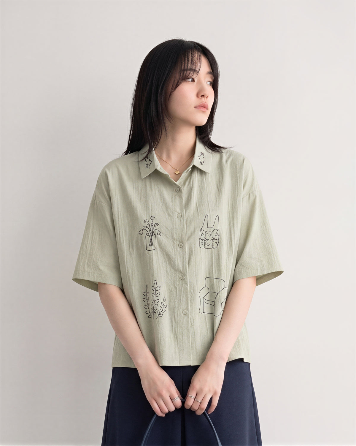「兩色」M-2XL 趣味線描寬鬆短袖襯衫