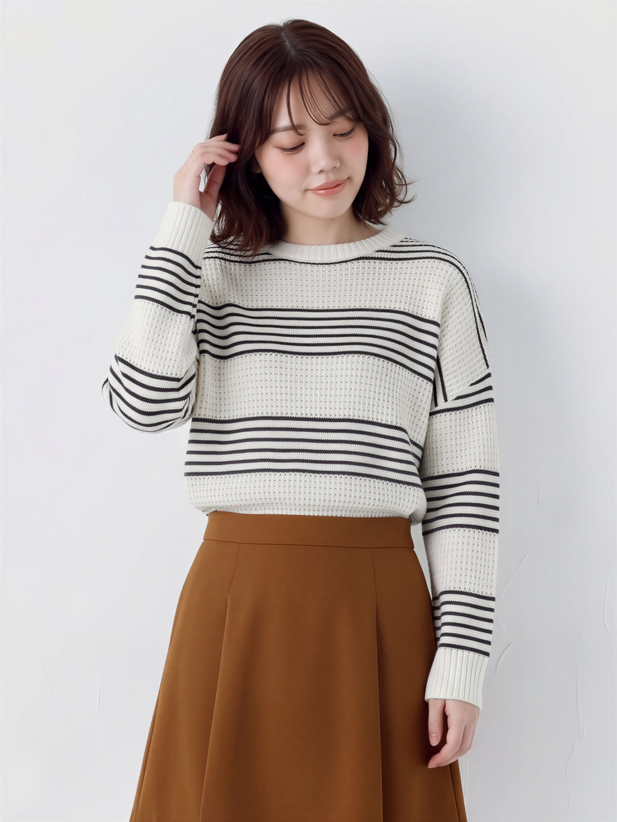 「秋季新品 」「兩色」條紋寬鬆落肩針織衫