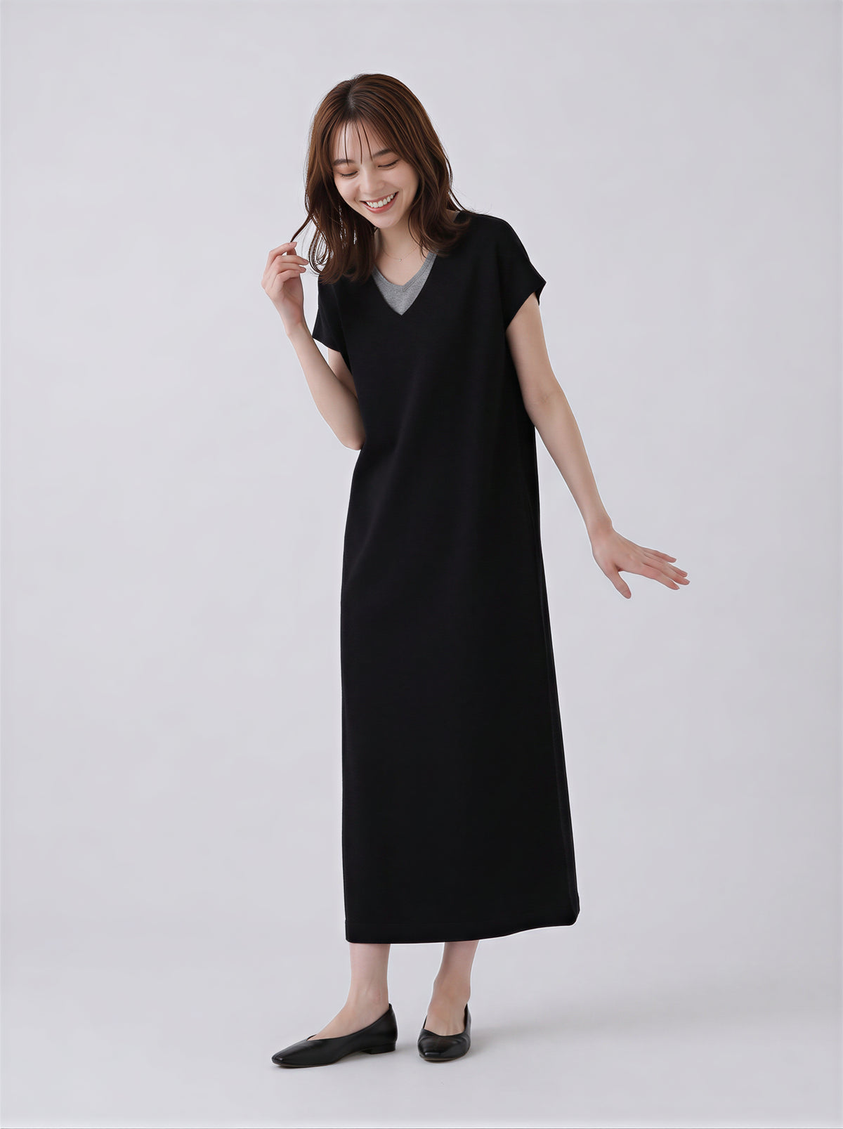 M-2XL 層疊V領直筒長版洋裝