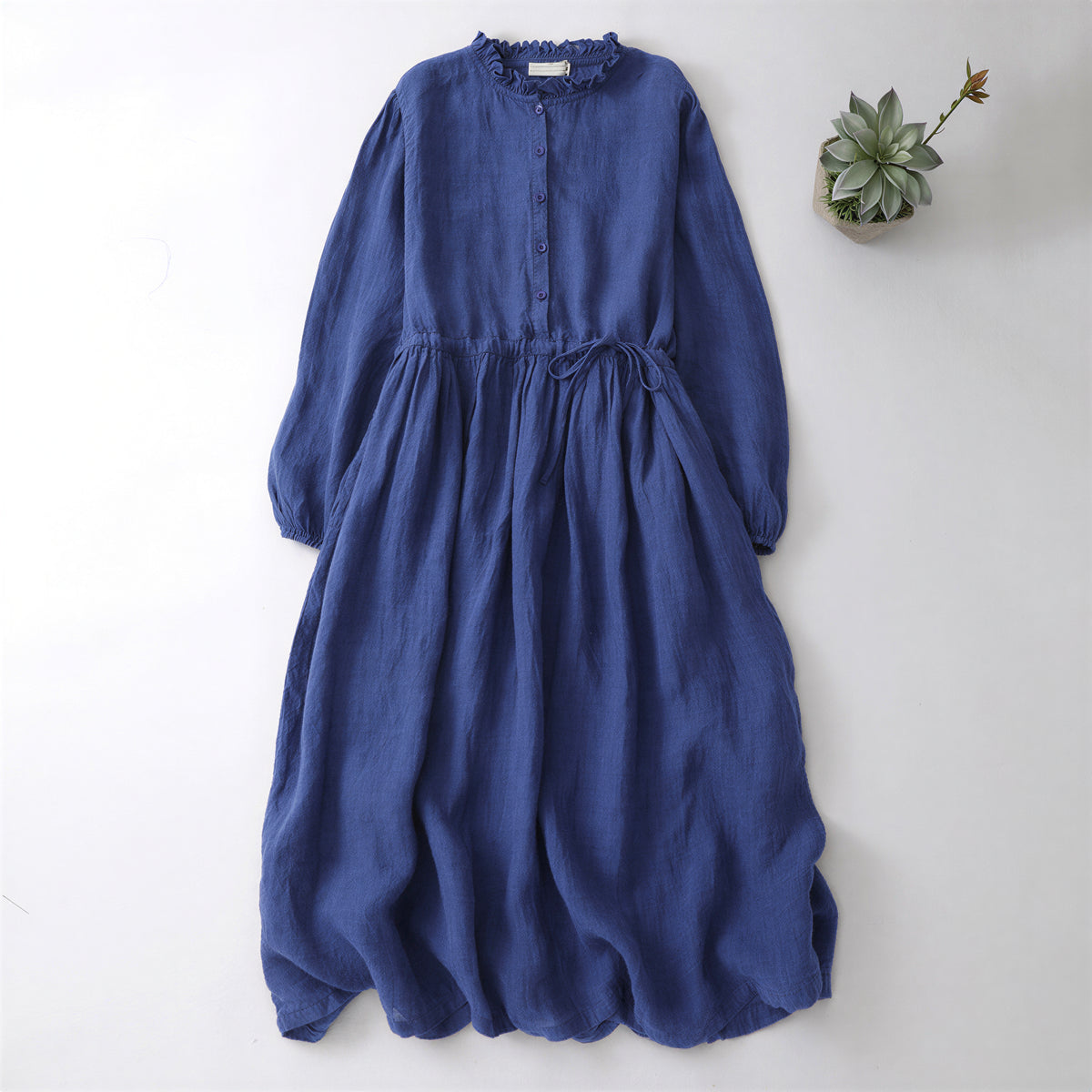 「秋季新品 」M-2XL木耳邊立領收腰棉麻洋裝