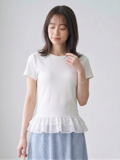 蕾絲拼接荷葉下擺T恤-白色-XL