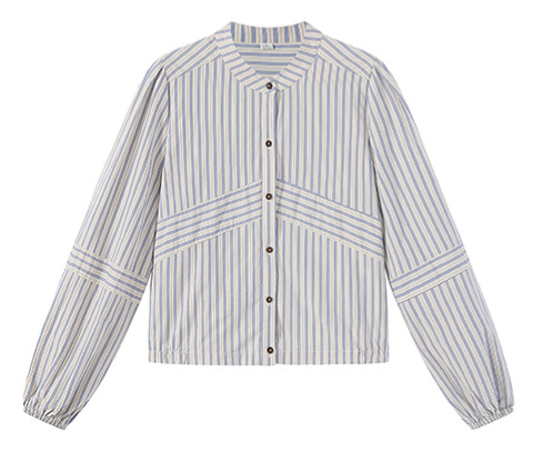 「秋季新品 」 M-XL 純棉甄選 | 條紋拼接燈籠袖襯衫