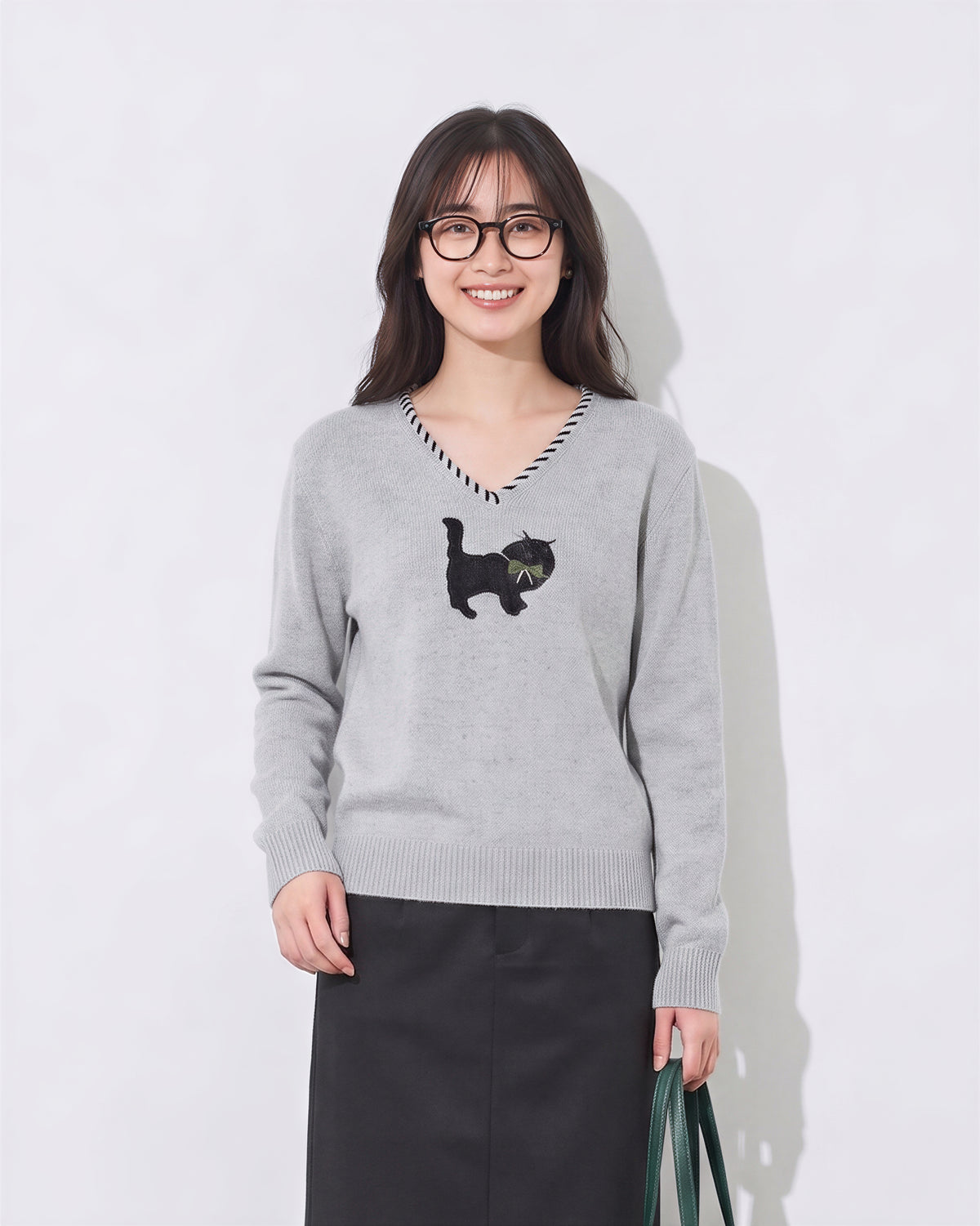 「兩色」S-XL V領鏤空滾邊 | 小貓圖案長袖針織衫