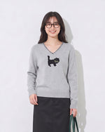 「兩色」S-XL V領鏤空滾邊 | 小貓圖案長袖針織衫