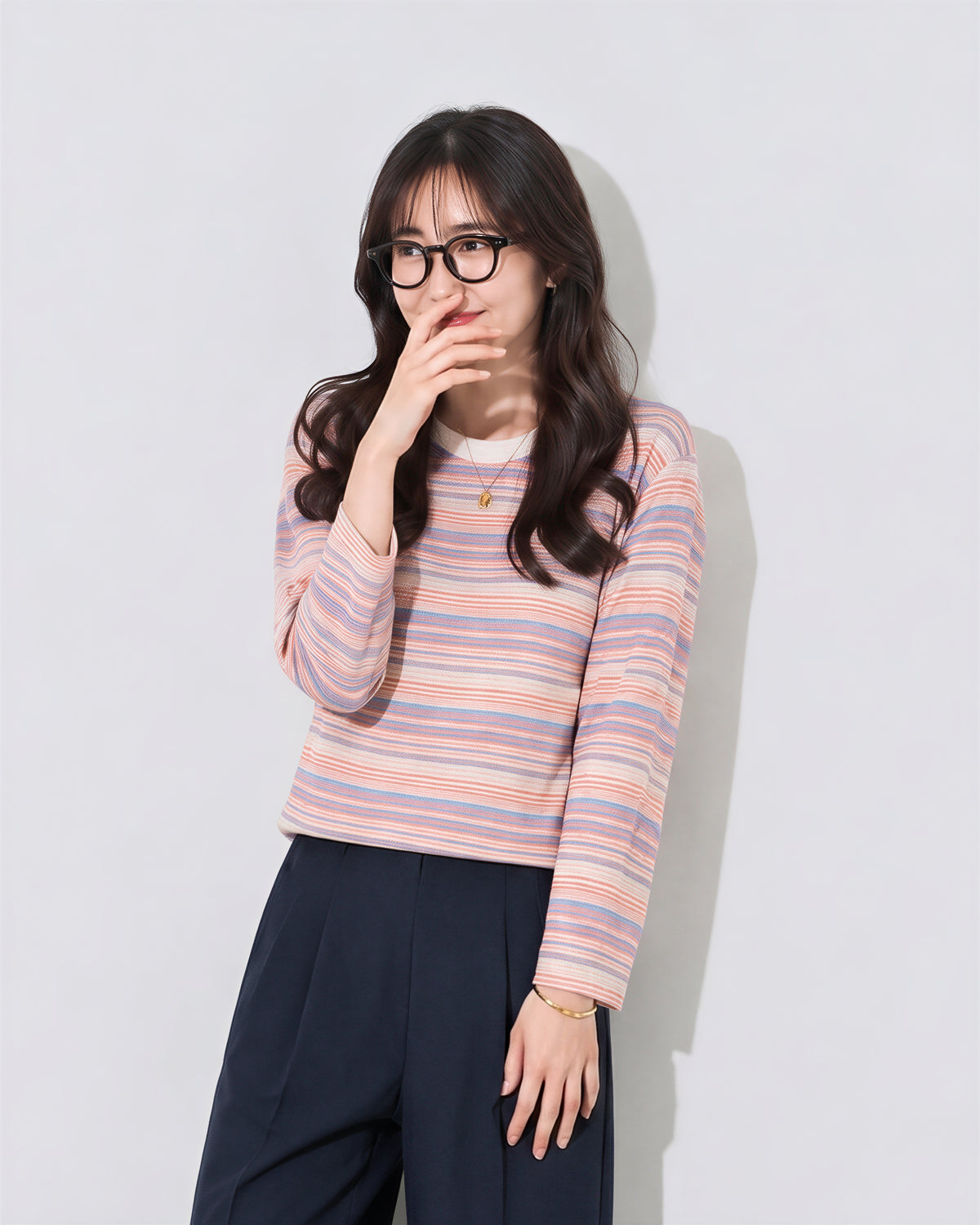「秋季新品 」S-XL 淺粉色細條紋圓領長袖T恤