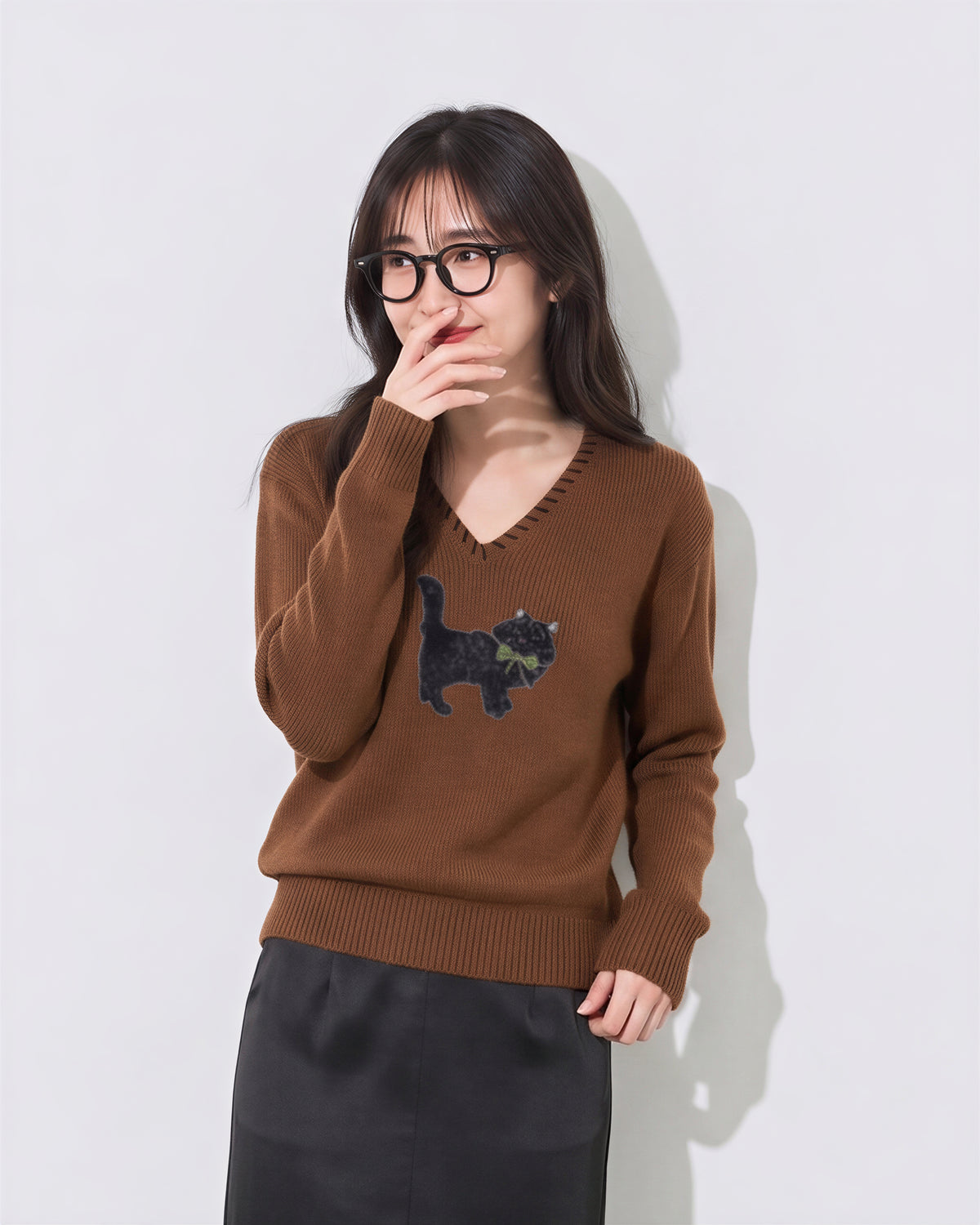 「兩色」S-XL V領鏤空滾邊 | 小貓圖案長袖針織衫