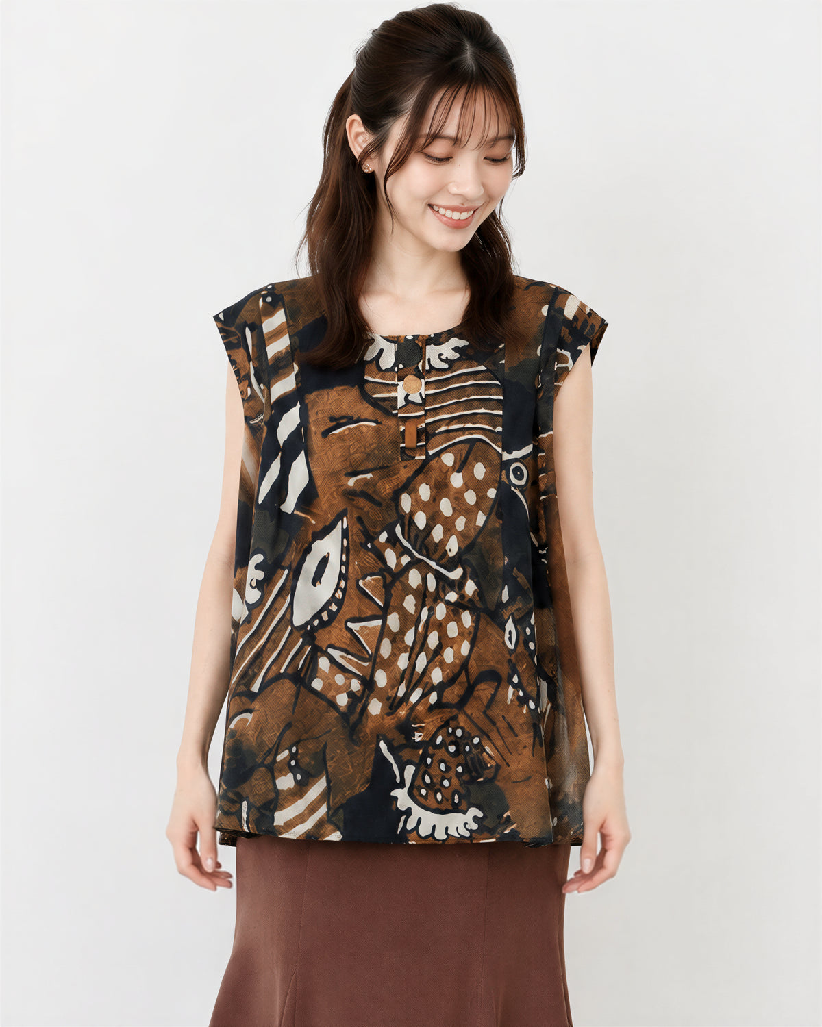 M-2XL 寬鬆A字擺印花無袖襯衫