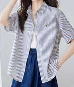 純棉甄選 藍條紋襯衫女五分袖 | 細條紋寬鬆翻領襯衫