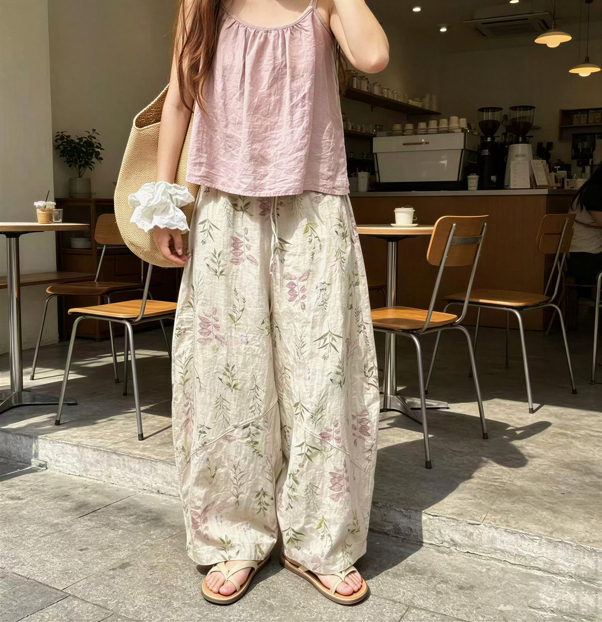 「兩色」M-2XL 植物印花寬鬆寬褲