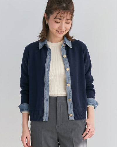 「3色」「秋季新品 」M-XL 拼接翻領短版針織開襟衫