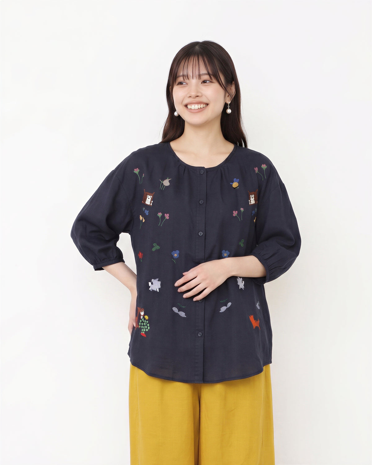 M-4XL 寬鬆刺繡燈籠袖襯衫
