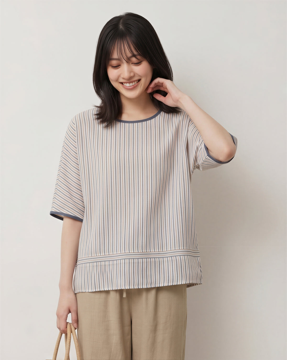 M-2XL 細條紋寬鬆圓領T恤
