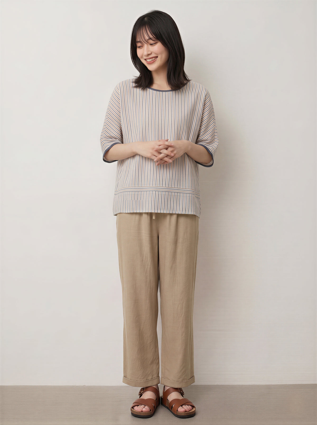 M-2XL 細條紋寬鬆圓領T恤