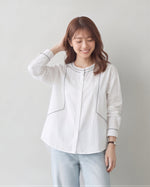 「秋季新品 」棉 100% 復古刺繡花線長袖襯衫 撞色線跡圓領襯衫