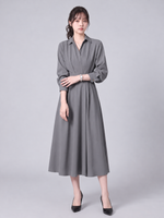 「秋季新品 」「兩色」S-XL 收腰褶襉翻領襯衫洋裝