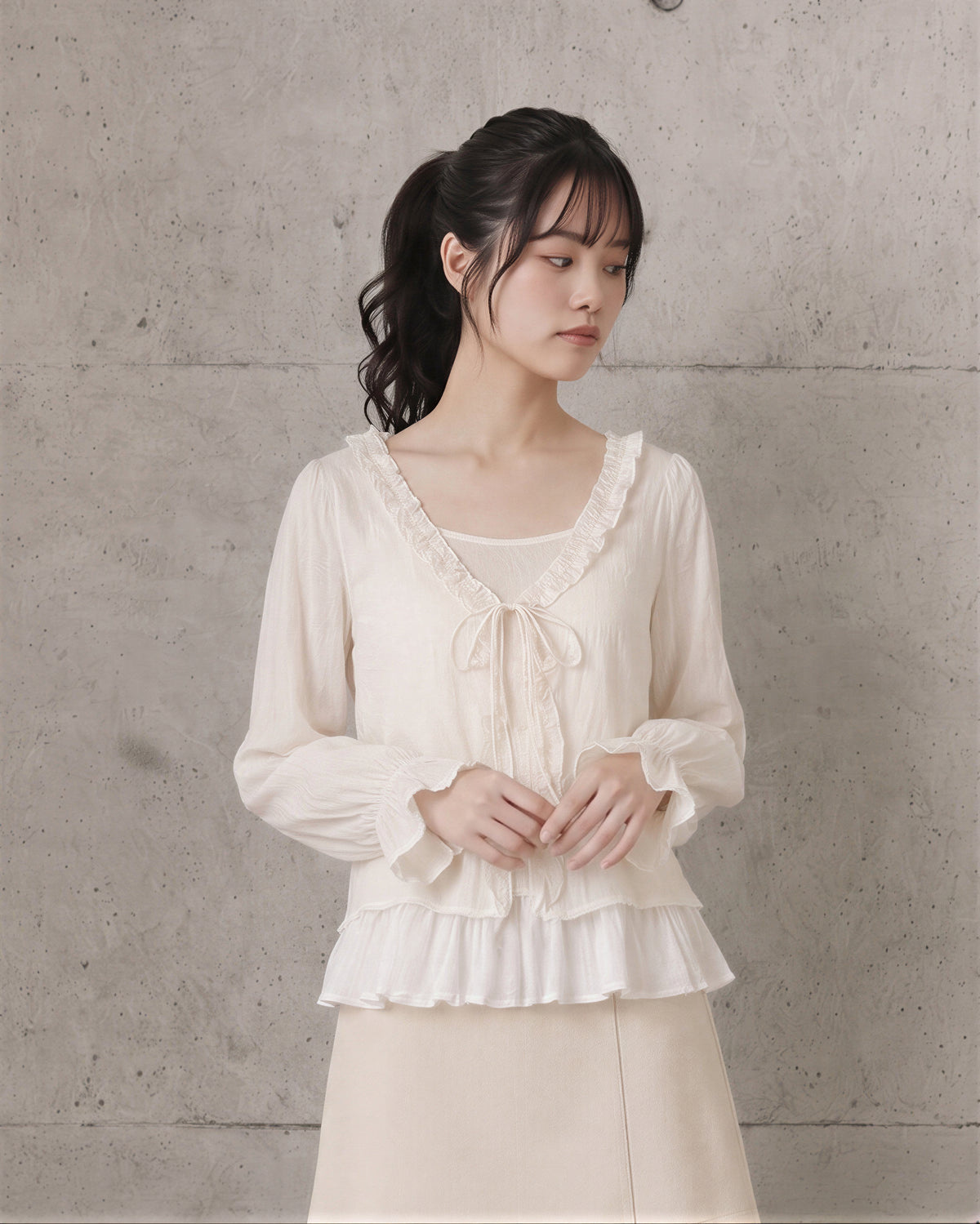 「秋季新品 」「兩色」S-XL 木耳邊綁帶假兩件襯衫