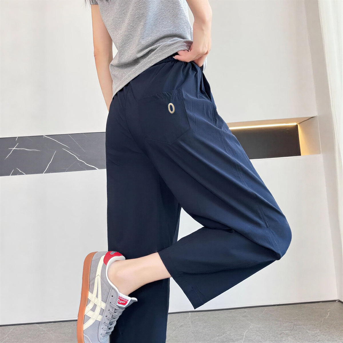 S-2XL 鬆緊高腰直筒九分褲