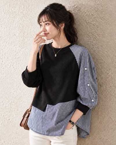 「兩色」「秋季新品 」 S-2XL 拼接條紋寬鬆衛衣