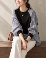 「兩色」「秋季新品 」 S-2XL 拼接條紋寬鬆衛衣
