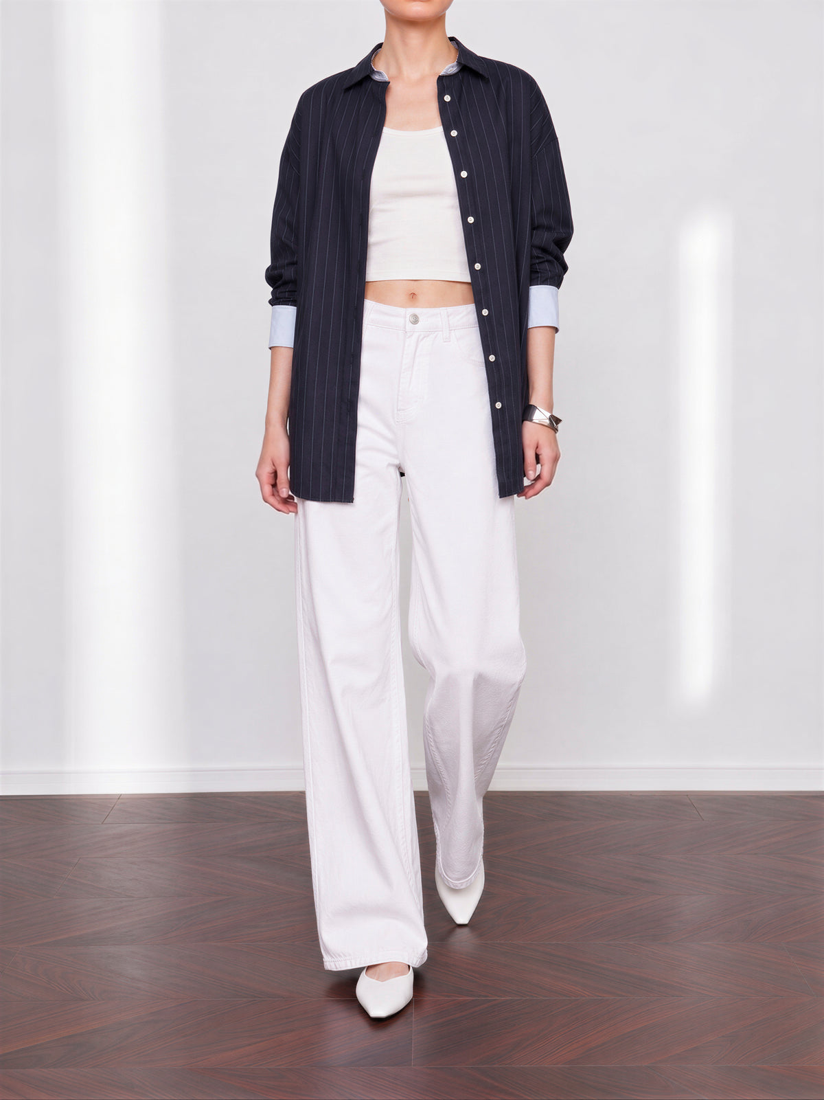 「秋季新品 」S-XL 白色高腰寬褲拖地牛仔褲