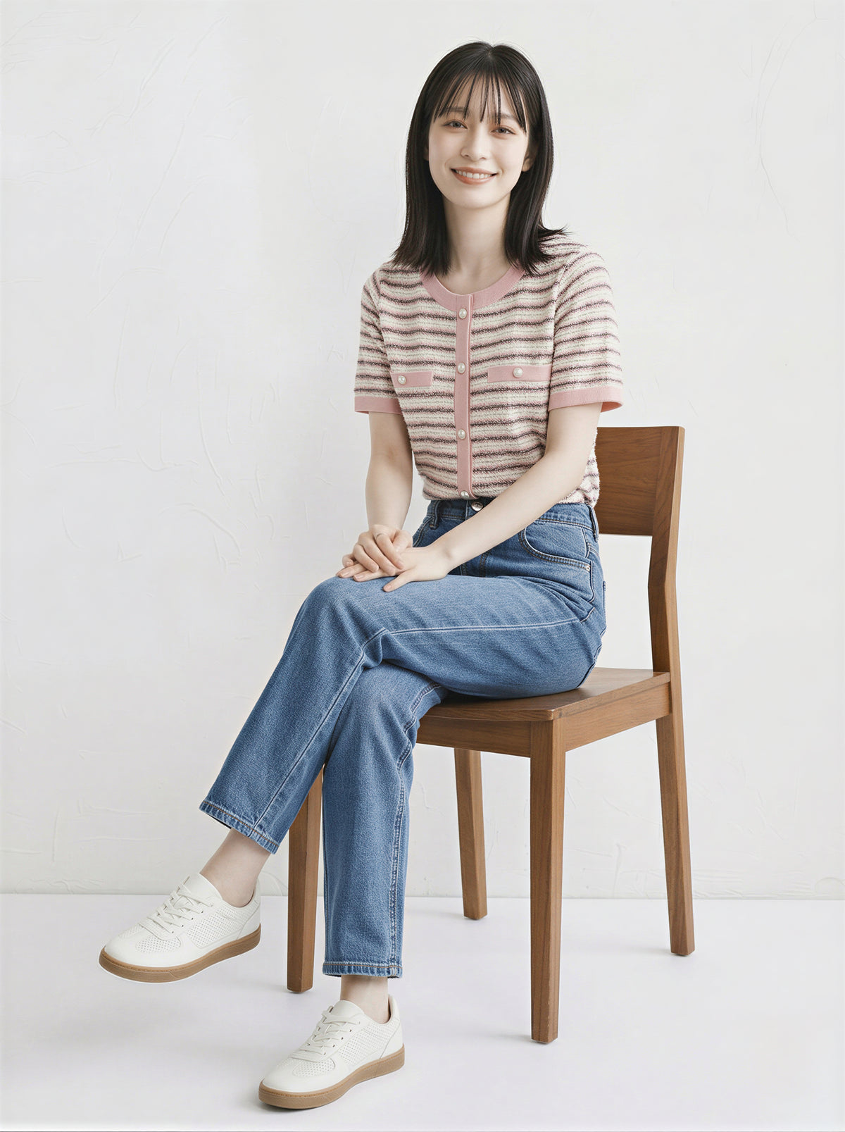 條紋撞色包邊 珍珠排扣 短袖針織開衫