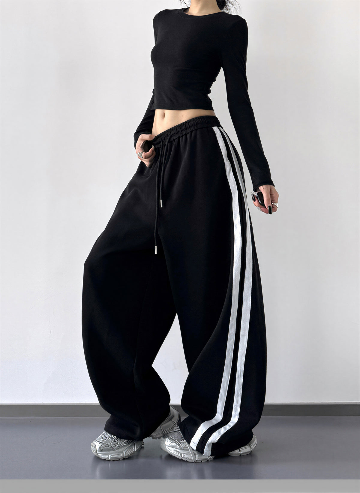 S-XL 抽繩側條紋寬褲 | 高腰街舞寬褲