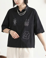 「兩色」M-2XL 趣味線描寬鬆短袖襯衫